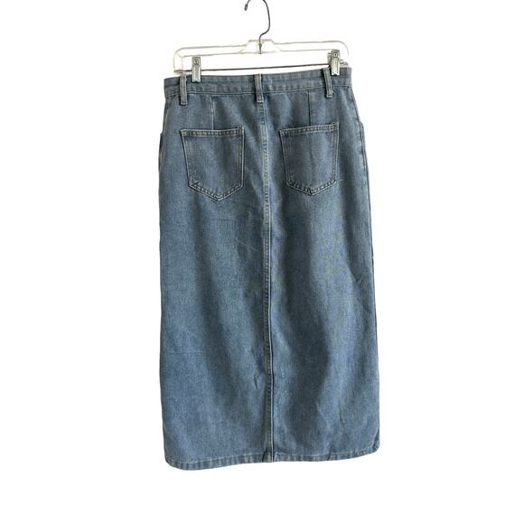 Micas Women's Large Light Blue Wash Slit Denim Pocket Cotton Blend Midi Skirt - Picture 6 of 12